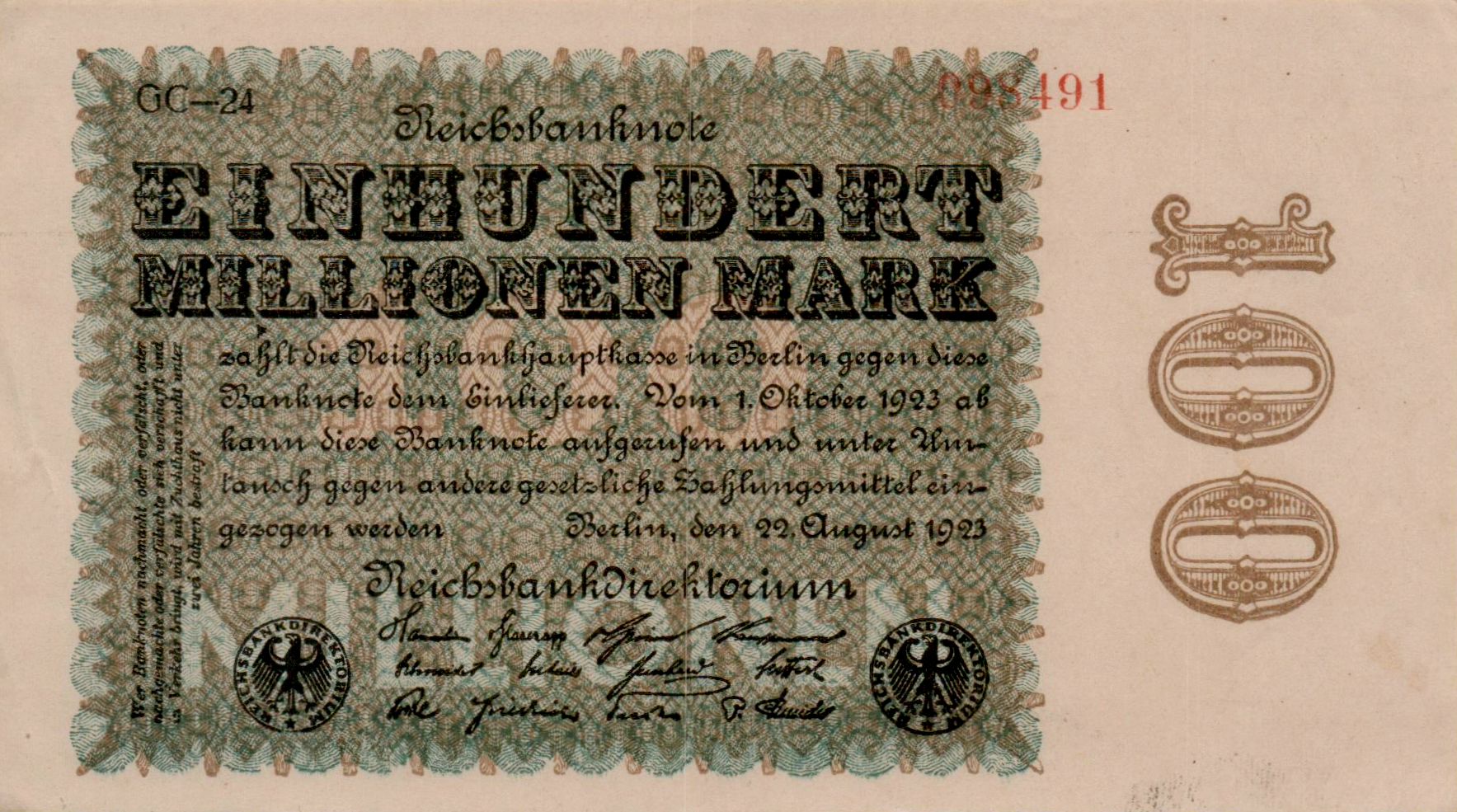 Germany 100000000 1923 UNC P-107/e